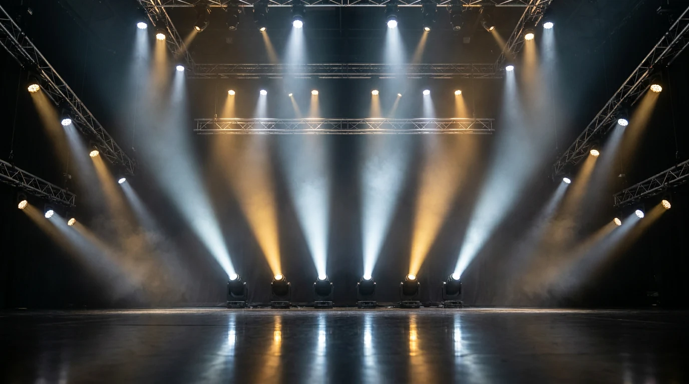 Professional stage lighting beams across an empty stage